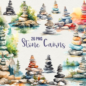 Clipart de mojones de piedra en acuarela, 26 imágenes PNG. Arte de equilibrio en acuarela, ilustración de meditación Pease. Uso comercial.