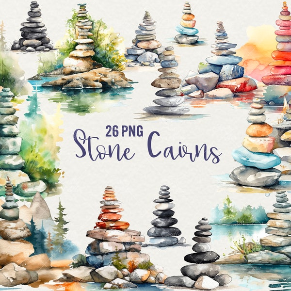 Watercolor Stone Cairns Clipart, 26 png Watercolor Balance Art, Pease Meditation Illustration. Commercial Use.