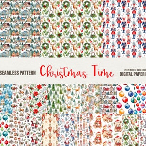 May include: 50 seamless Christmas digital paper patterns in a pack. The patterns feature various Christmas themes, including houses, reindeer, nutcrackers, ornaments, Santa Claus, and teddy bears. The patterns are 21 x 21 inches and 2048 x 2048 pixels.