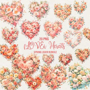 Aquarell Blumen Herz Clipart Bundle, 20 Png Art Valentinstag Herzen, Blumen Liebe Scrapbooking Illustration Digitale Kunst Kommerzielle Nutzung