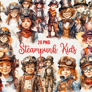Steampunk Kids Clipart 20 PNG Fantasy Clipart Steampunk girl and boy Children Watercolor Illustrations, Instant Download, Commercial Use.