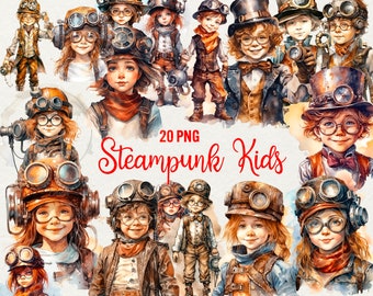 Steampunk Kids Clipart 20 PNG Fantasy Clipart Steampunk girl and boy Children Watercolor Illustrations, Instant Download, Commercial Use.