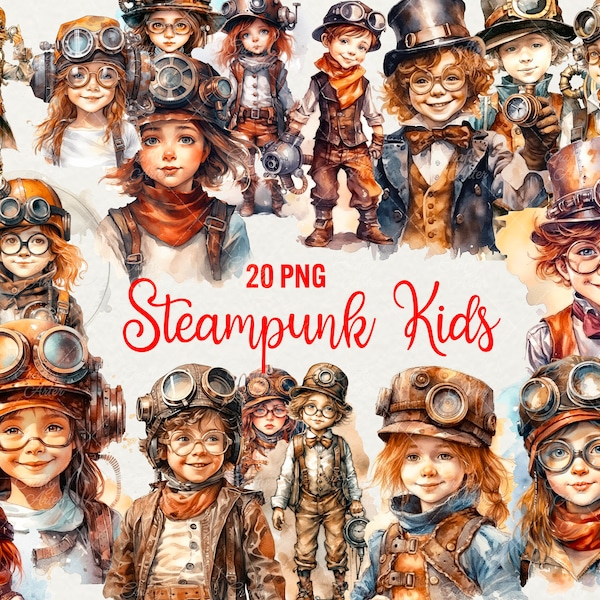 Steampunk Kids Clipart 20 PNG Fantasy Clipart Steampunk girl and boy Children Watercolor Illustrations, Instant Download, Commercial Use.