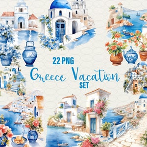 Clipart Grèce, clipart été Grèce, 22 png Aquarelle de Grèce, scrapbooking de vacances en Grèce. Grèce romantique, usage commercial.