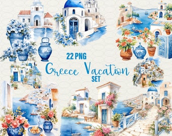 Greece clipart, Greece summer clip art, 22 png Greece watercolor, Greece vacation scrapbooking. Romantic Greece, Commercial Use.
