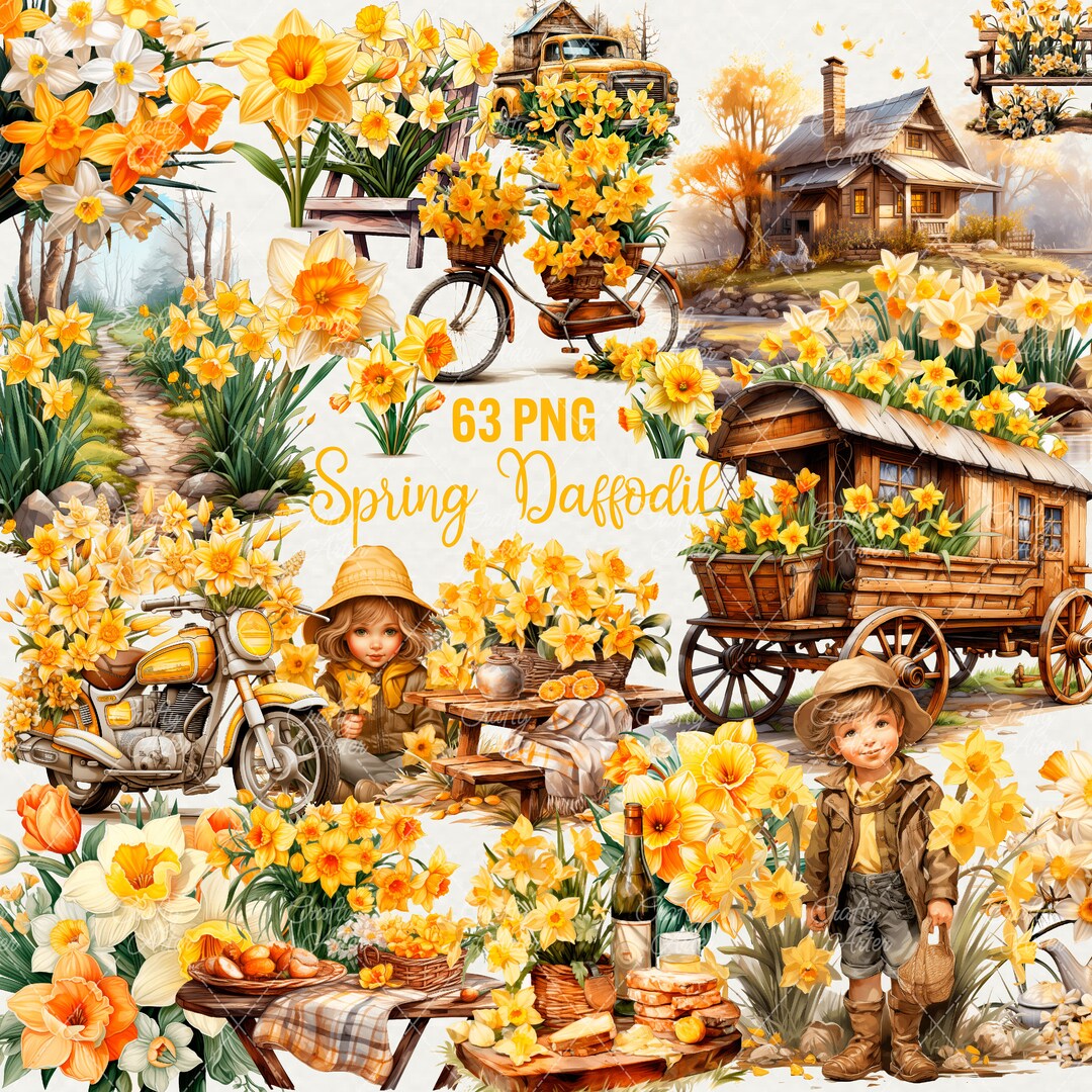 Watercolor Spring Daffodil Flowers Clipart, 63 Png March Birth Flower ...