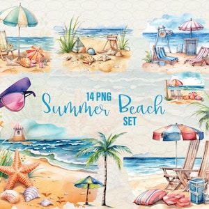 Clipart acquerello tramonto con set spiaggia estiva - 14 PNG, spiaggia soleggiata dell'oceano per menù, inviti, buoni regalo e altro, uso commerciale.