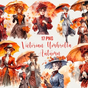 Autumn Victorian Woman Autumn Clipart, 17 PNG Watercolor Autumn illustration, Vintage Lady Umbrella, Fall season clipart, Commercial use