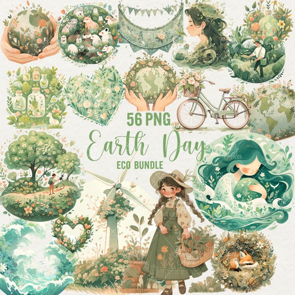 Watercolor Earth Day Clipart, 57 PNG ECO Clipart, Earth Day Green Floral, Spring Girl,  Eco Friendly, Recycling, Planet PNG, Commercial Use.