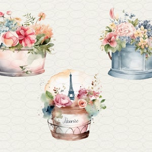 May include: Three watercolor paintings of floral arrangements in different pots. The first pot is pink and white, the second is blue, and the third is brown with a metal cage around it. The third pot has a small Eiffel Tower image and the word "Paunie" written on it.