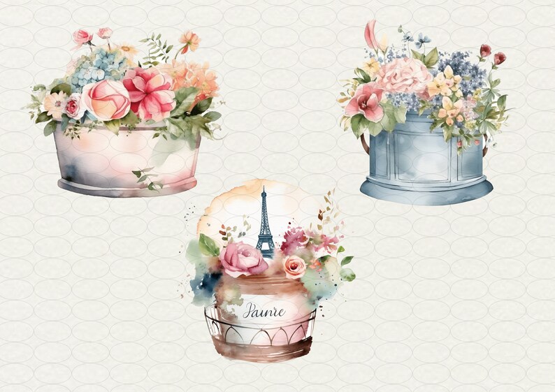 May include: Three watercolor paintings of floral arrangements in different pots. The first pot is pink and white, the second is blue, and the third is brown with a metal cage around it. The third pot has a small Eiffel Tower image and the word "Paunie" written on it.