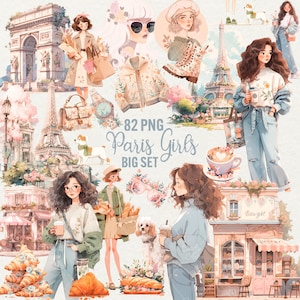 Paquete de imágenes prediseñadas de chicas de París viajando, 82 imágenes PNG de chicas de primavera en París, chica de primavera en acuarela, hermosa chica parisina de la Torre Eiffel para uso comercial.