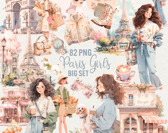 May include: A digital illustration set of 82 PNG images featuring Parisian girls in various poses and settings. The set includes images of girls wearing stylish outfits, holding croissants, and enjoying the sights of Paris. The illustrations are in a watercolor style with soft colors and delicate details.