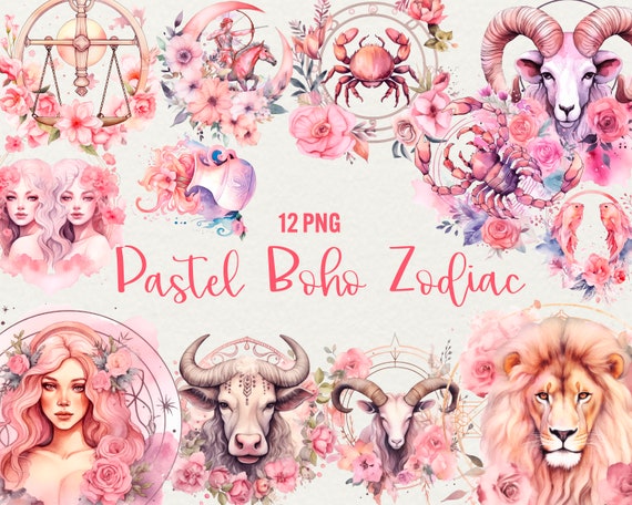Watercolor Boho Zodiac Clipart: Floral Horoscope PNG (Commercial Use)