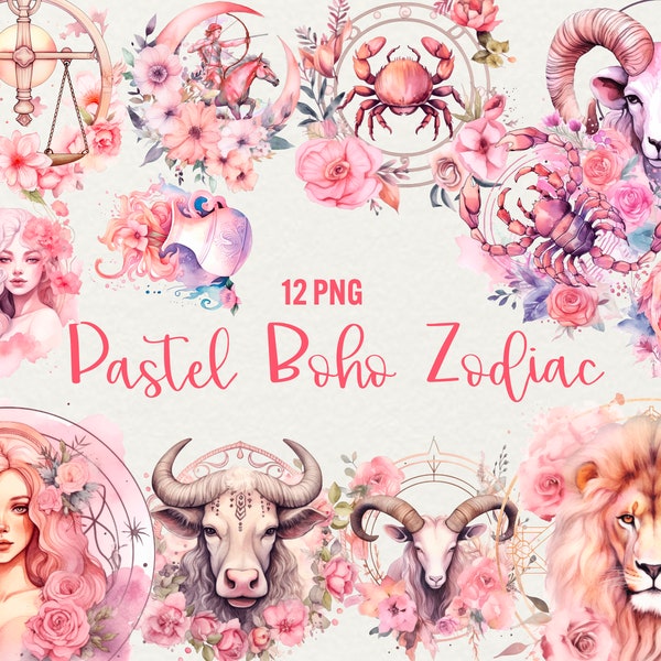 Watercolor Boho Zodiacs clipart, 12 png Horoscope clipart Astrological floral pink zodiac, Watercolor illustration Commercial Use