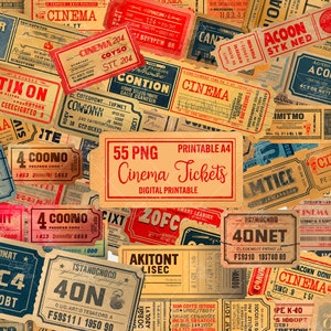 Kinokarten Clipart Bundle 55 PNG-Set, druckbare A4 Aquarell Vintage Kino Clipart, Retro Karte Clip Art, kommerzielle Nutzung