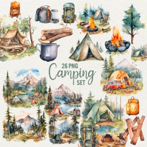 Clipart de acampada en acuarela, campamento al aire libre, hoguera, mochila, tienda de campaña, ilustración digital imprimible por sublimación, clipart de acampada, senderismo en la naturaleza