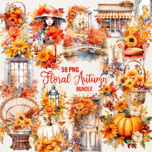 Clipart de outono em aquarela, 59 PNG ilustração floral de outono, folhas de outono, mulher, rua, tempo de outono, flor clipart de outono, uso comercial