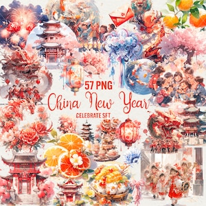 Clipart del capodanno cinese, 57 png, grafica tradizionale cinese ad acquerello, celebrazione della cultura cinese, Terra del drago, uso commerciale.