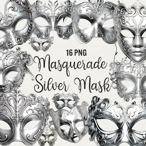 Aquarell Silber Maskerade Clipart, 16 Png digitale Kunst Karneval Masken Grafiken und Maskerade Maske, kommerzielle Nutzung.