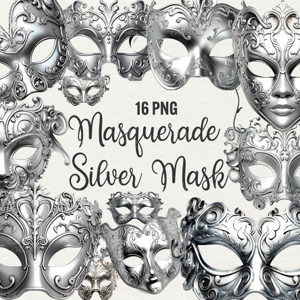 Watercolor Silver Masquerade Clipart, 16 Png digital art carnival Masks graphics and masquerade Mask, Commercial Use.