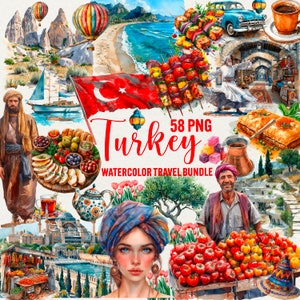Imágenes prediseñadas de viaje de acuarela de Turquía, imágenes prediseñadas tradicionales turcas 58 png, gráficos de Estambul, Capadocia, descarga instantánea, uso comercial.
