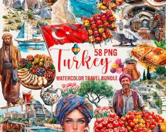Turkey Travel Clipart: 58 Turkish Watercolor PNG Graphics (Commercial Use)
