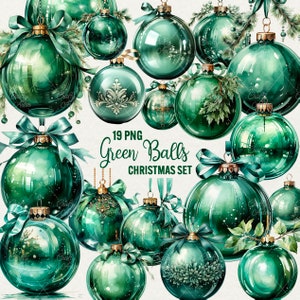 Clipart de bolas navideñas verdes de acuarela, 19 adornos de bolas navideñas PNG, imágenes prediseñadas de invierno, bolas de árbol festivo, época festiva, uso comercial