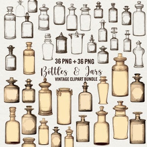 May include: A set of 72 vintage-style bottles and jars, drawn in black and white with brown accents. The bottles and jars are various shapes and sizes, with labels and stoppers. The image includes the text "36 PNG + 36 PNG Bottles & Jars Vintage Clipart Bundle".