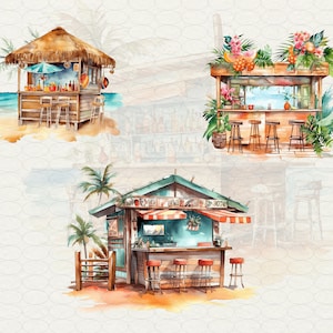 Watercolor Beach bar Clipart, 20 png tropical island Hawaii cocktail bar palms, drink bar on beach, Commercial Use.