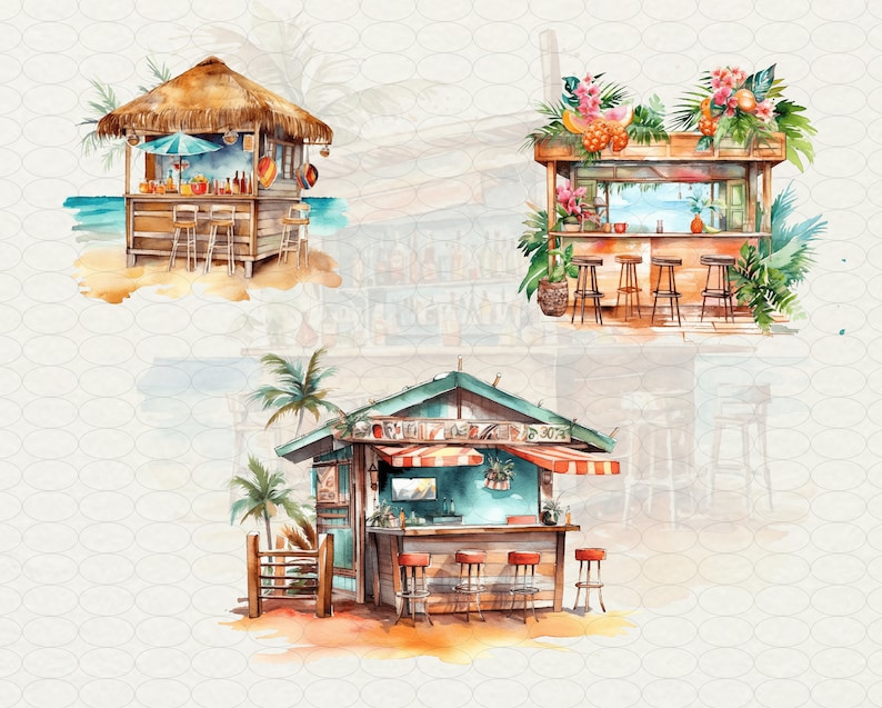 Watercolor Beach bar Clipart, 20 png tropical island Hawaii cocktail bar palms, drink bar on beach, Commercial Use.