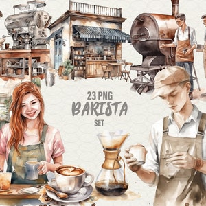 Imágenes prediseñadas de cafetera, 30 png Imágenes prediseñadas de barista, mujer de café de acuarela, imágenes prediseñadas de mujer barista de cafetería, acuarela de café, arte latte.
