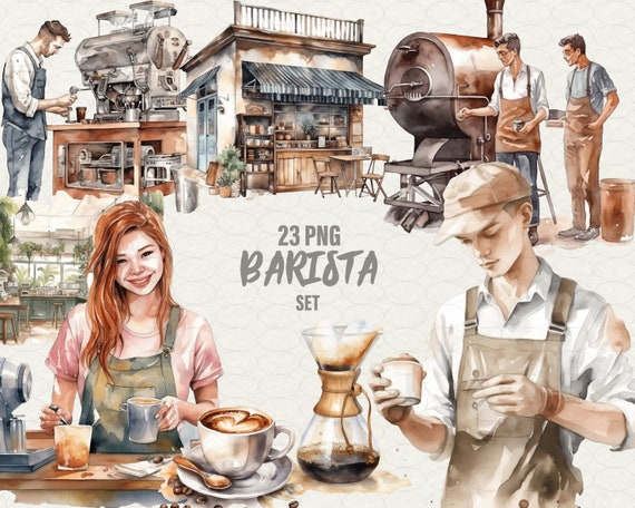 Watercolor Barista Clipart: Coffee Shop PNG Set (30 Images)
