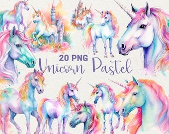 Puede incluir: Un conjunto de 20 ilustraciones digitales de acuarela de unicornios pastel. Los unicornios están en varias poses y tienen crines y colas arcoíris. El texto "20 PNG Unicorn Pastel" está en el centro de la imagen.