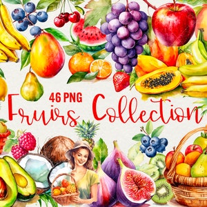 Clipart di frutta ad acquerello, 46 PNG di arte digitale. Frutta assortita, mela, pesca, avocado, cocco, anguria e altro ancora, uso commerciale.