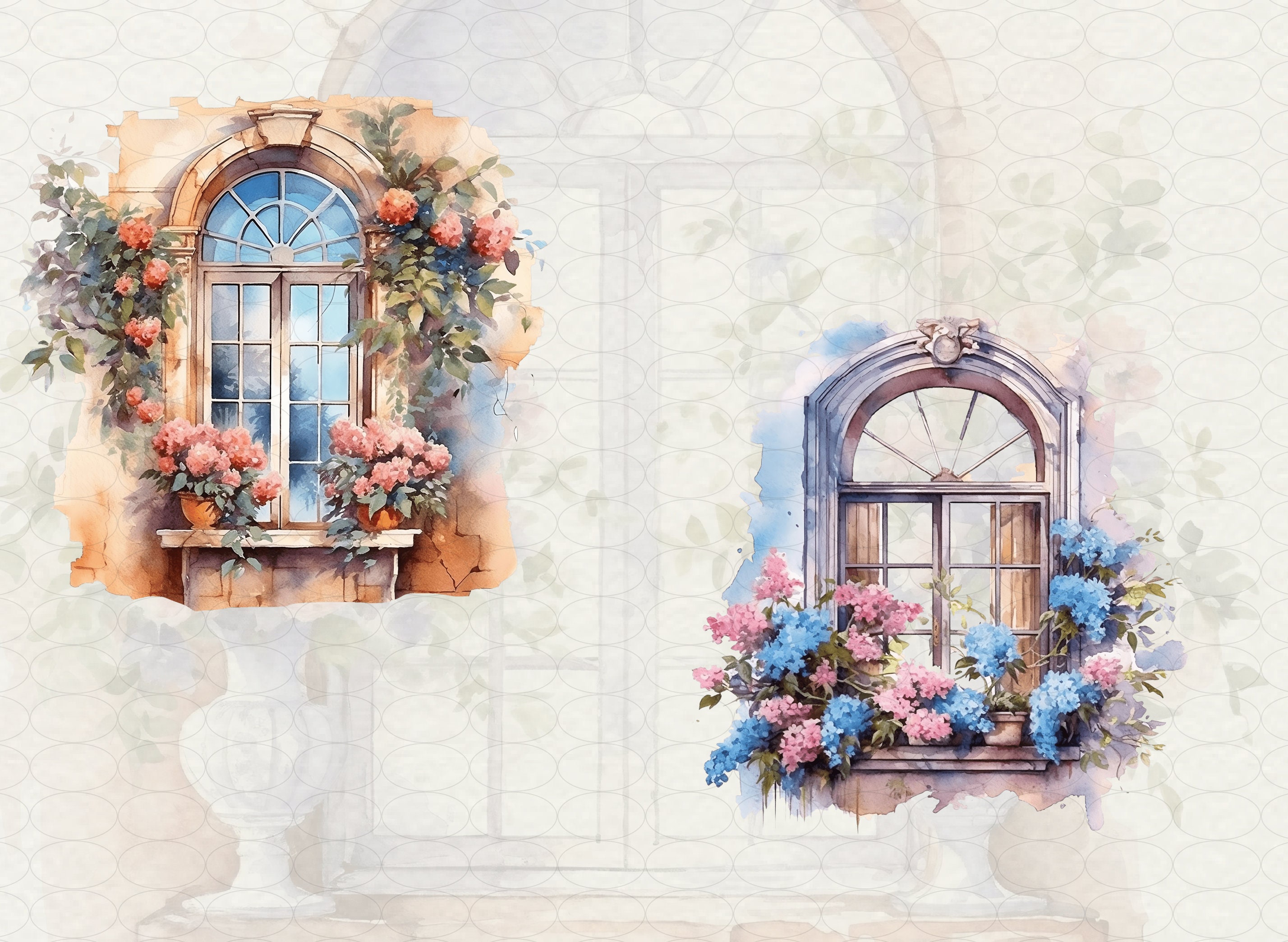 Floral Spring Windows Clipart: 17 PNG Watercolor Antique Windows ...