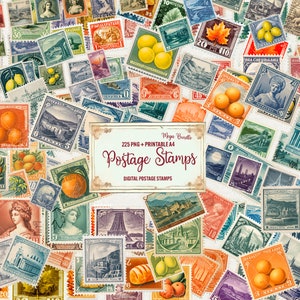 Paquete de imágenes prediseñadas de sellos postales, conjunto de 225 PNG, imágenes prediseñadas de viajes postales vintage en acuarela A4 imprimibles, imágenes prediseñadas de sellos con letras retro, uso comercial