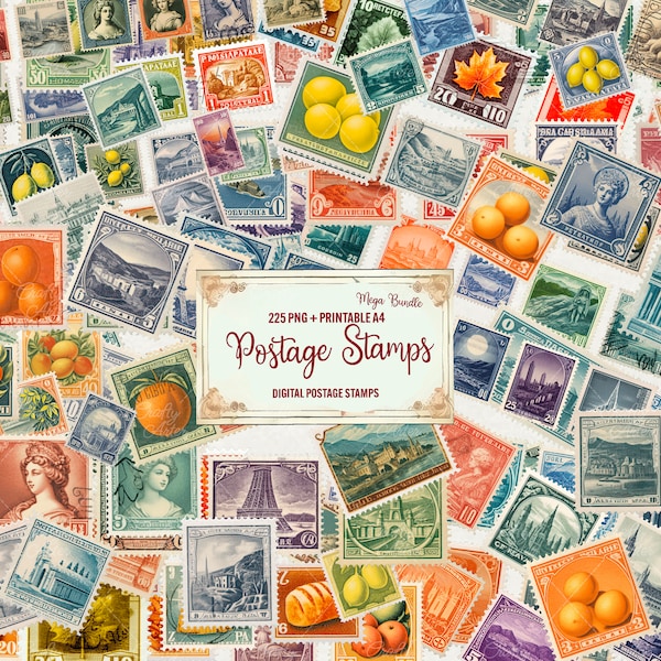 Postage Stamps Clipart Bundle, 225 PNG set, Printable A4 Watercolor Vintage Post Travel clipart, Retro letter Stamp clip art, Commercial Use