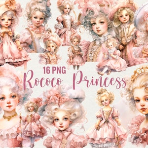 Clipart clipart principessa acquerello, 16 PNG clipart principessa rosa rococò bellissima ragazzina, download immediato, uso commerciale.