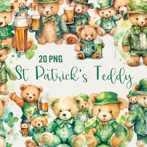 May include: 20 watercolor illustrations of teddy bears dressed in green shamrock outfits for St. Patrick's Day. The bears are holding shamrocks, beer mugs, and other St. Patrick's Day themed items.