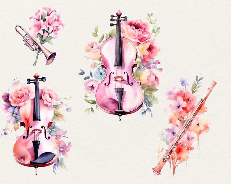 Watercolor Floral Musical Instruments Clipart (28 PNG) - Etsy