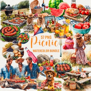 Aquarel picknick clipart, 57 png zomerpicknickmand, lentepicknick, familiebrunch, grillgerechten, diner, picknicktuin, commercieel gebruik.
