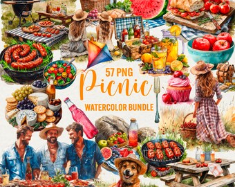 Watercolor Picnic Clipart: Summer Brunch PNG Bundle