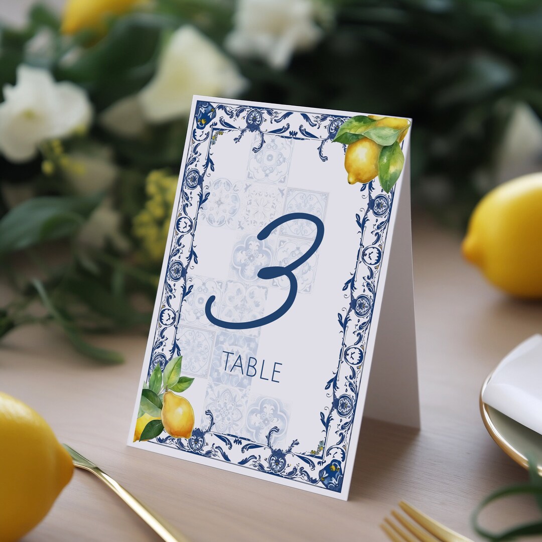 12 Wedding Table Card Number Template Lemon and Blue Tiles Etsy