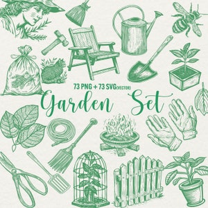 Paquete de imágenes prediseñadas de jardín, herramientas de jardín PNG, plantas de jardinería SVG, vector de jardín de verano, álbum de recortes de agricultura de primavera, diario basura, uso comercial