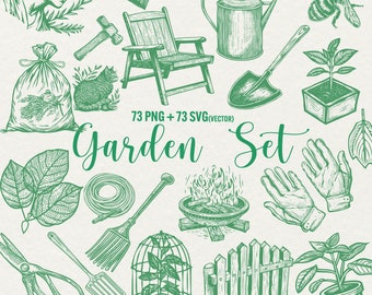 Vintage Garden Clipart Set: Tools, Plants, Scenes (73 PNG + 73 SVG) Digital Download