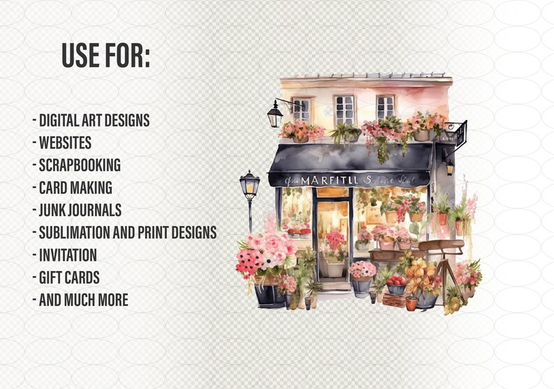 May include: A watercolor illustration of a flower shop with a pink building, black awning, and a sign that reads "MARFITLL'S Flower Shop". The shop is decorated with flowers and plants, and there are two street lamps on either side of the building.