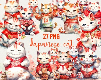 May include: A set of 27 digital illustrations of Japanese Maneki-Neko cats in various poses and colors. The cats are depicted in a watercolor style with a whimsical and charming aesthetic. The illustrations feature traditional Japanese patterns and symbols, including flowers, lucky charms, and the Japanese phrase "招き猫" (Maneki-Neko).