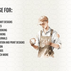 May include: A watercolour illustration of a person wearing a brown apron and a brown cap, holding a cup of coffee. The background is a light brown with a pattern of white ovals. The text "USE FOR:" is at the top of the image, followed by a list of uses for the illustration, including digital art designs, websites, scrapbooking, card making, junk journals, sublimation and print designs, invitations, gift cards, and much more.