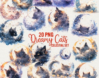 Watercolor Celestial Cat Clipart: Dreamy Galaxy PNG Graphics (Commercial Use)